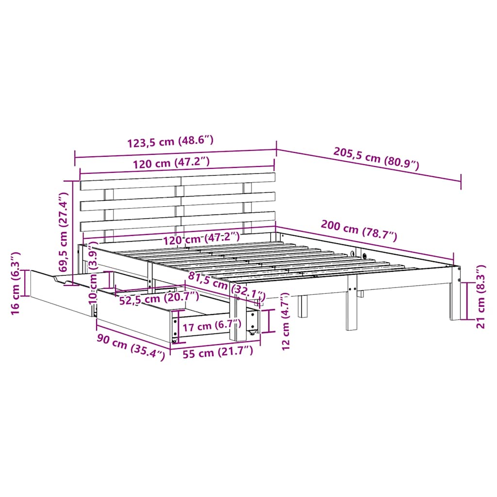 Giroletto con Cassetti Bianco 120x200 cm Legno Massello di Pino | homemem39