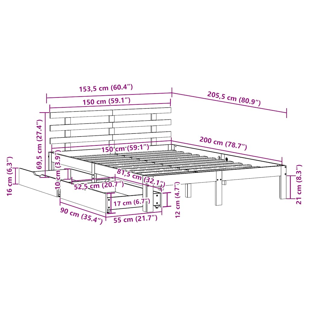 Giroletto con Cassetti 150x200 cm in Legno Massello di Pino | homemem39