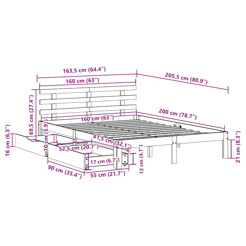 Giroletto con Cassetti 160x200 cm in Legno Massello di Pino | homemem39