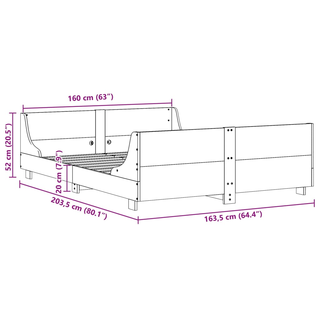 Letto senza Materasso 160x200 cm in Legno Massello di Pino | homemem39