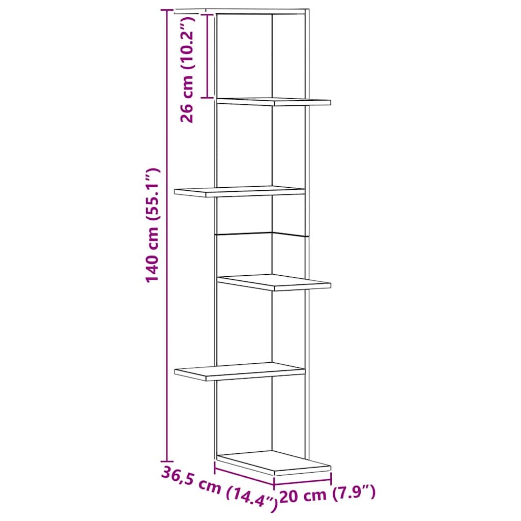 Scaffale Angolare Muro Rovere Artigianale 36,5x36,5x140cm Legno