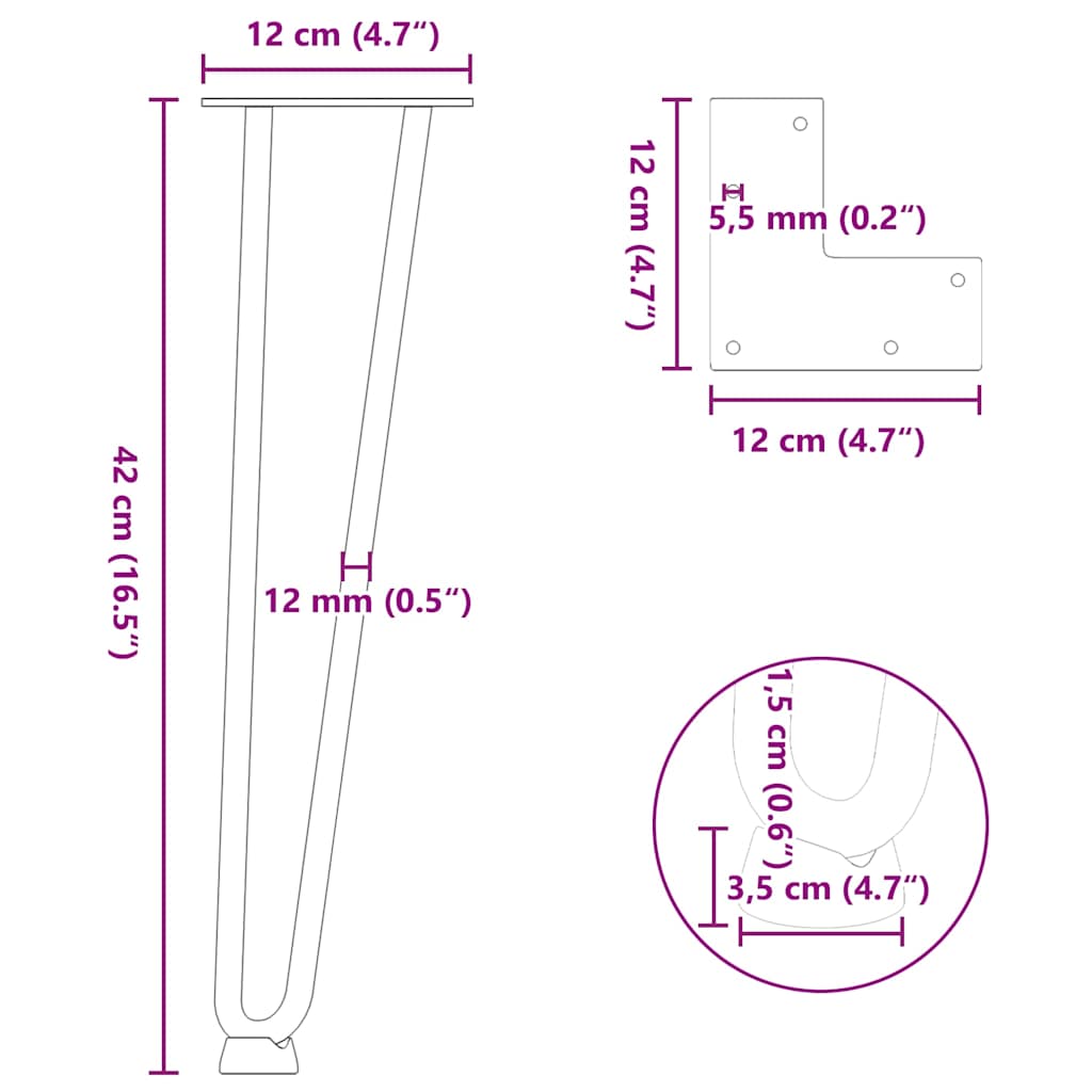 Gambe a forcina per tavolino 4 pz in acciaio naturale 42 cm