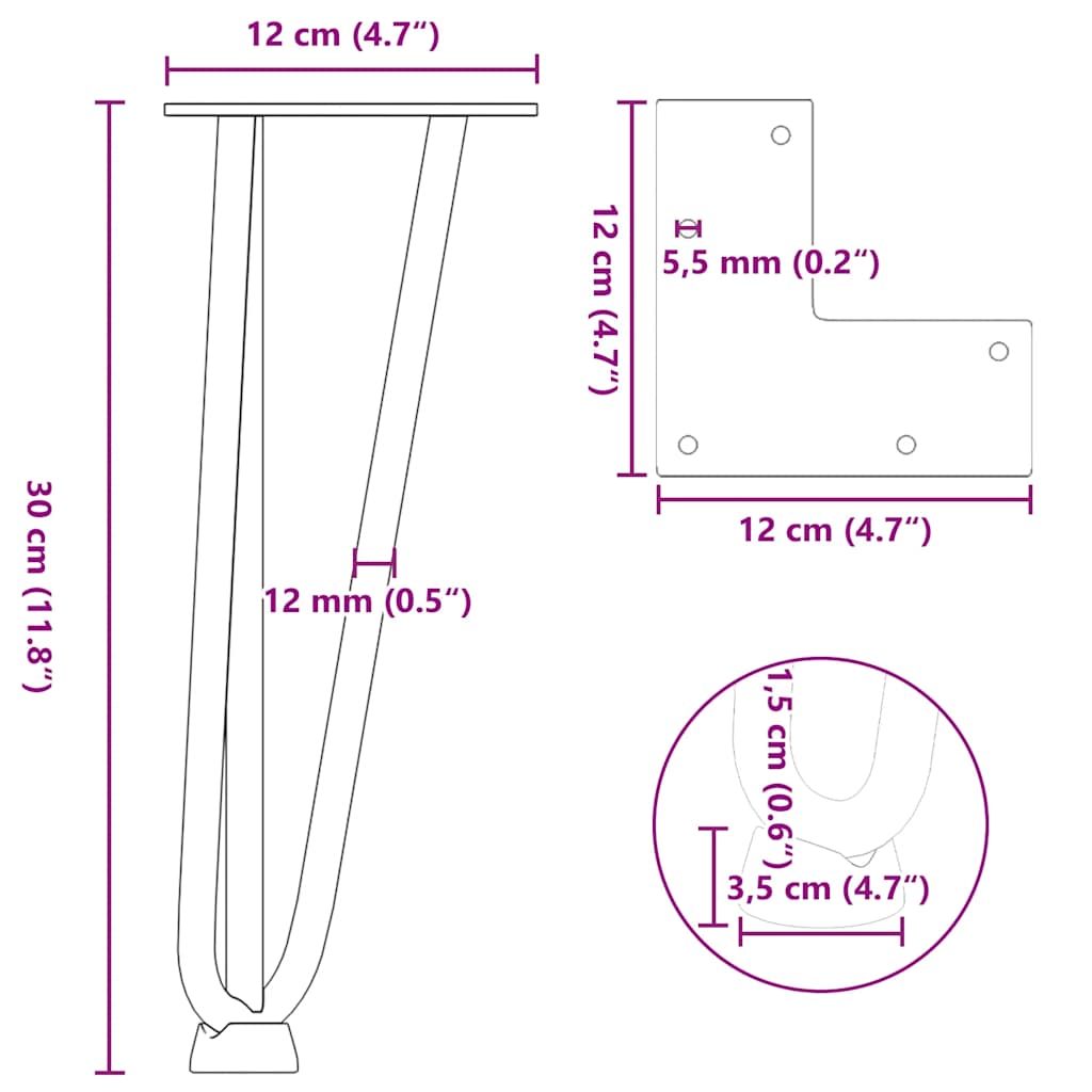 Gambe a forcina per tavolino 4 pz in acciaio naturale 30 cm in acciaio massiccio - homemem39