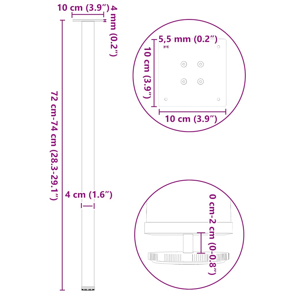 Gambe per tavolo consolle 4 pz in acciaio naturale 72-74 cm