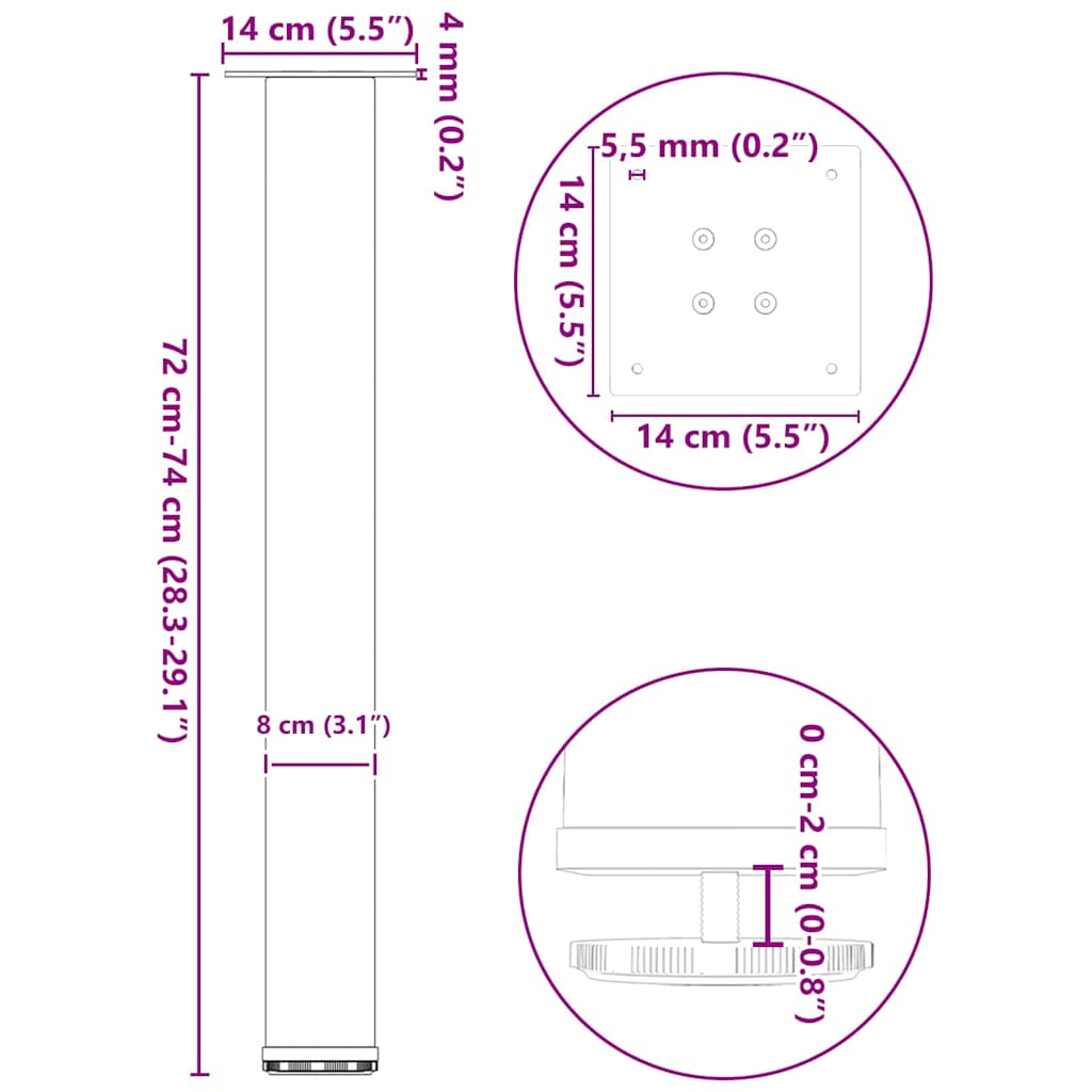 Gambe per tavolo consolle 4 pz in acciaio naturale 72-74 cm