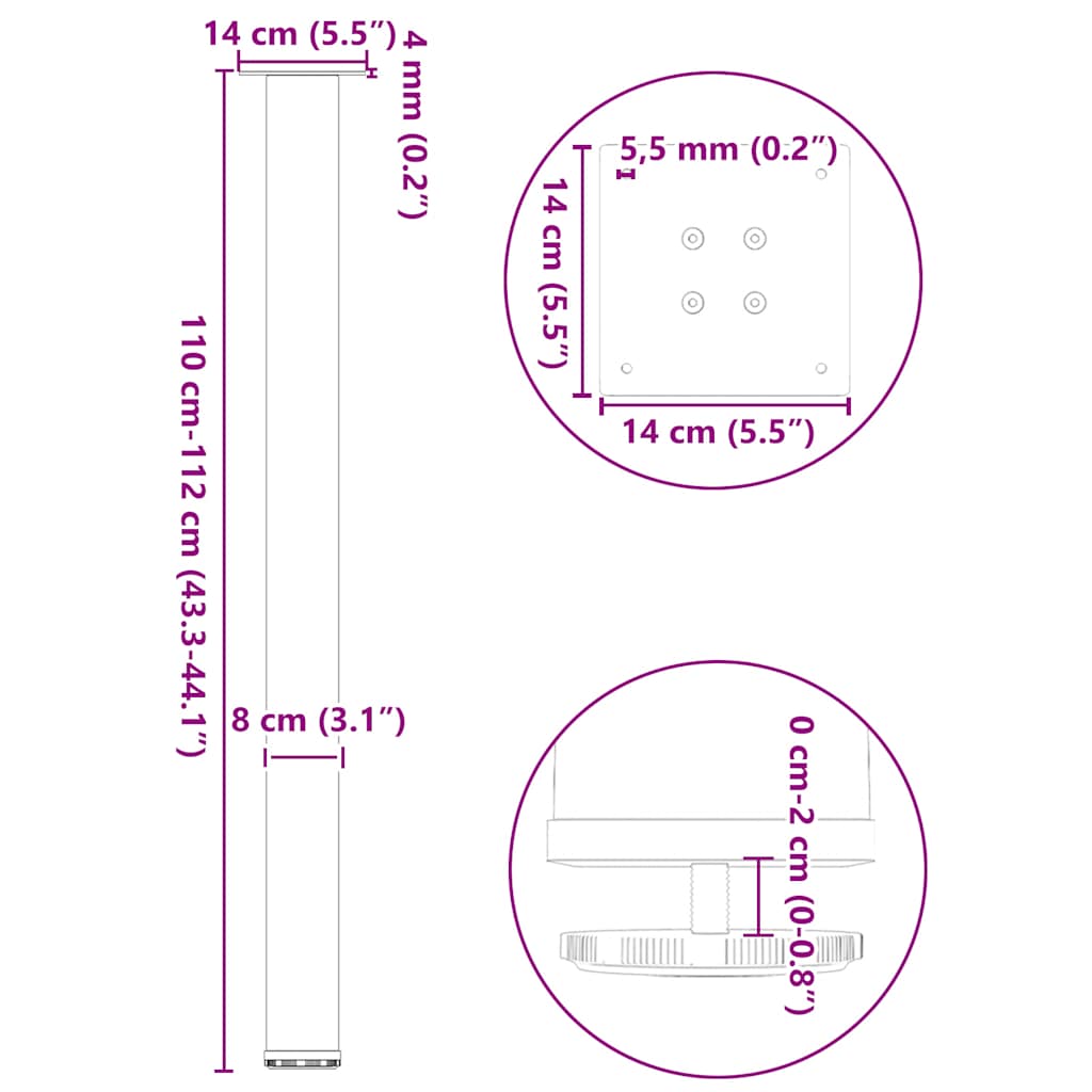 Gambe per tavolo da bar 4 pz bianche 110-112 cm in acciaio | homemem39