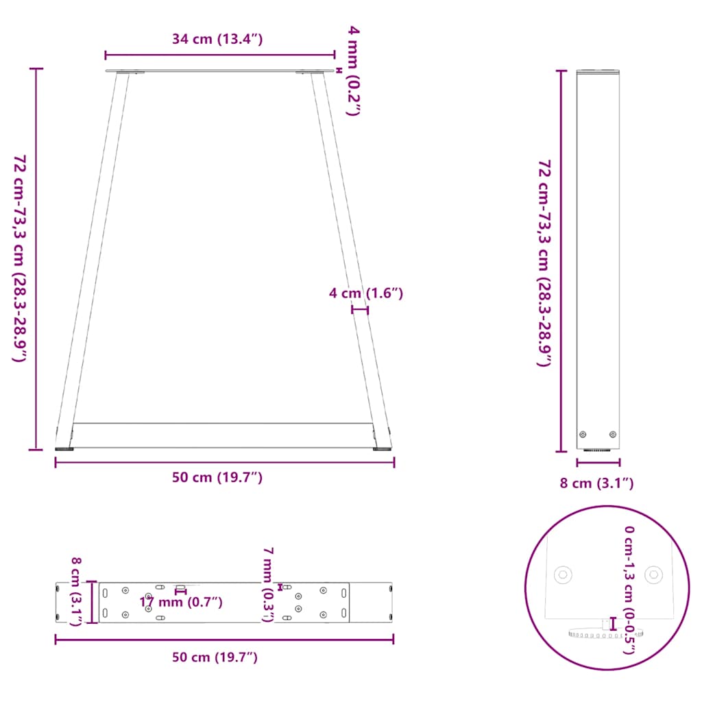 Gambe per tavolo da pranzo forma V 2 pz bianche 50x(72-73,3) cm