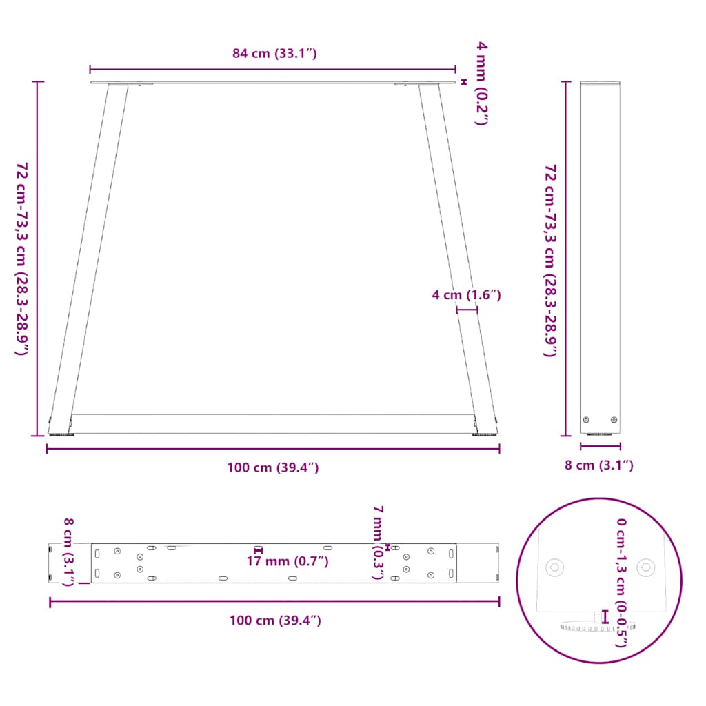 Gambe per tavolo da pranzo a forma di V 3 pz nere 100x(72-73,3) cm in acciaio | homemem39