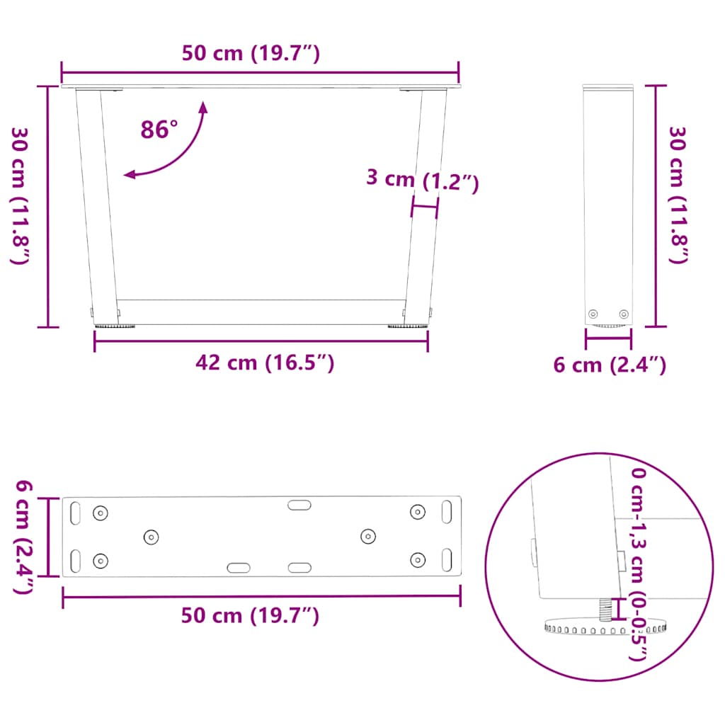 Gambe per Tavolino da Caffè a Forma di V 2 pz Acciaio Naturale 50x(30-31,3) cm Acciaio | homemem39