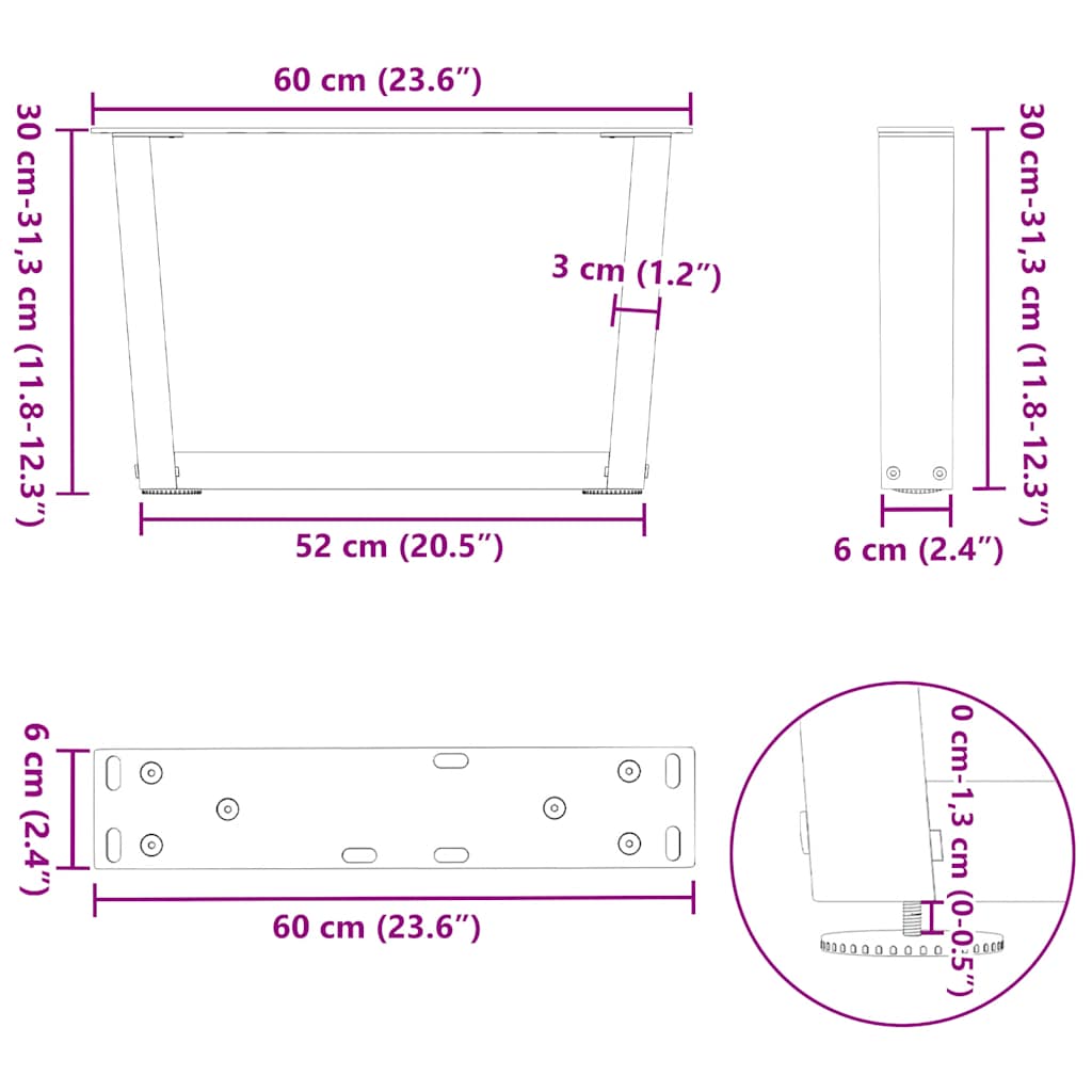 Gambe Tavolino da Caffè forma V 2 pz Naturale 60x(30-31,3) cm