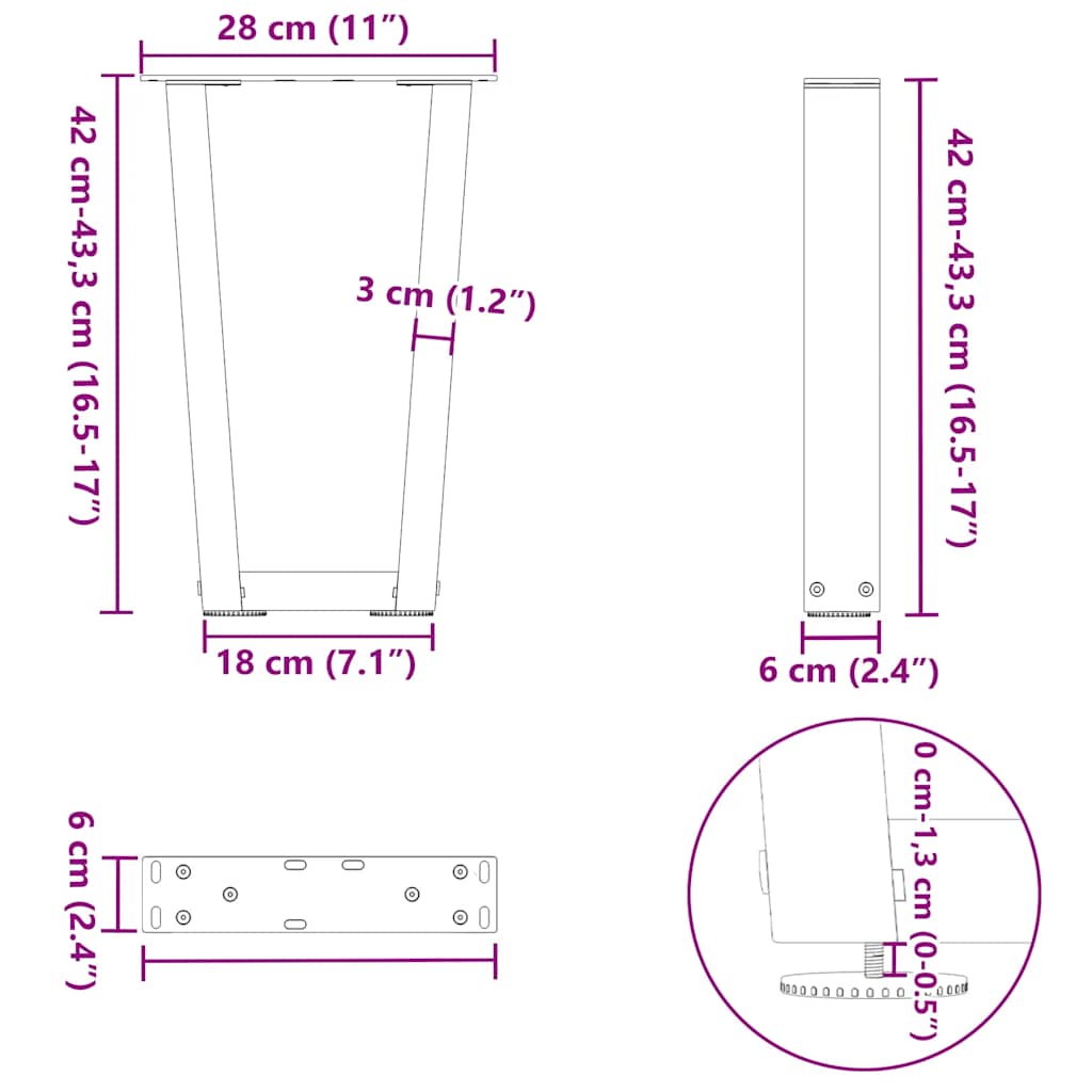 Gambe per Tavolino da Caffè forma V 2 pz Nere 28x(42-43,3) cm