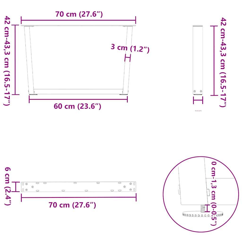 Gambe per Tavolino da Caffè a Forma di V 2 pz Nere 70x(42-43,3) cm Acciaio