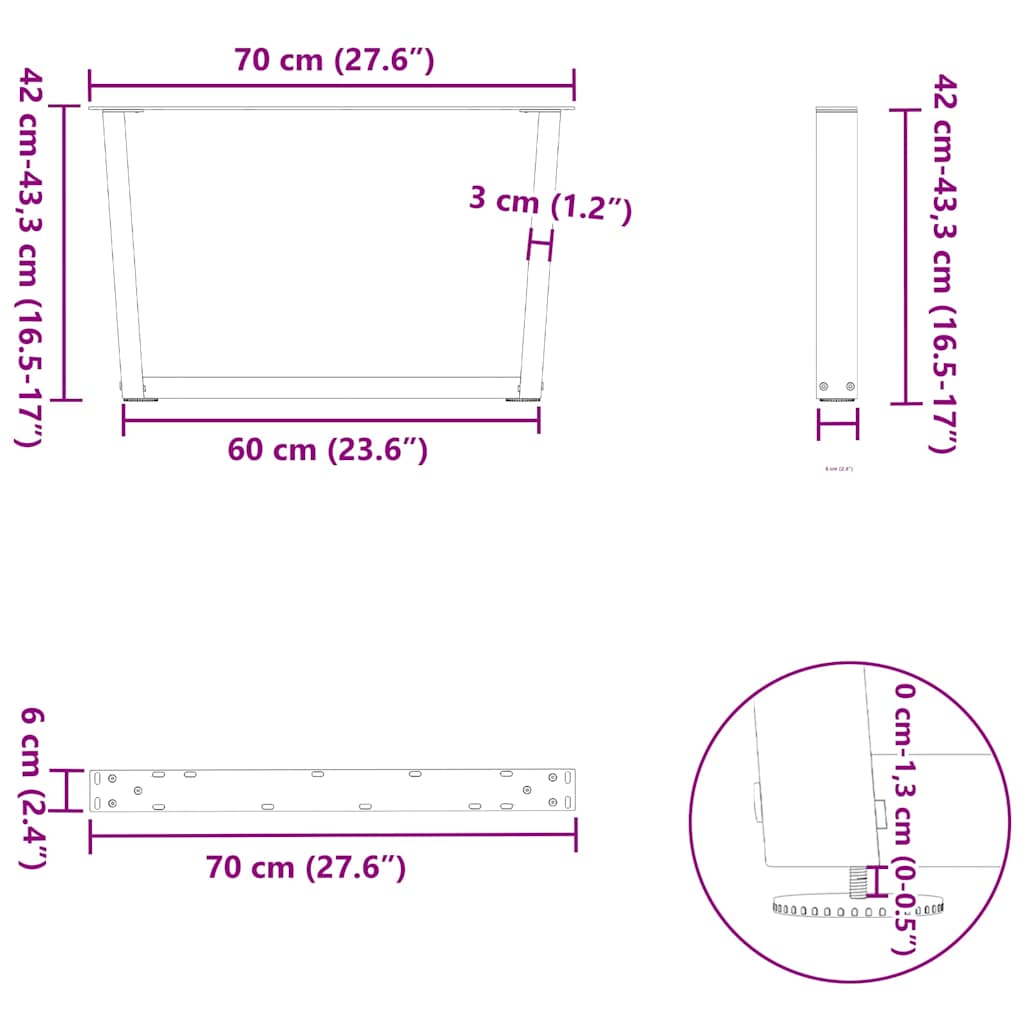 Gambe per Tavolino da Caffè forma V 2 pz Nere 70x(42-43,3) cm