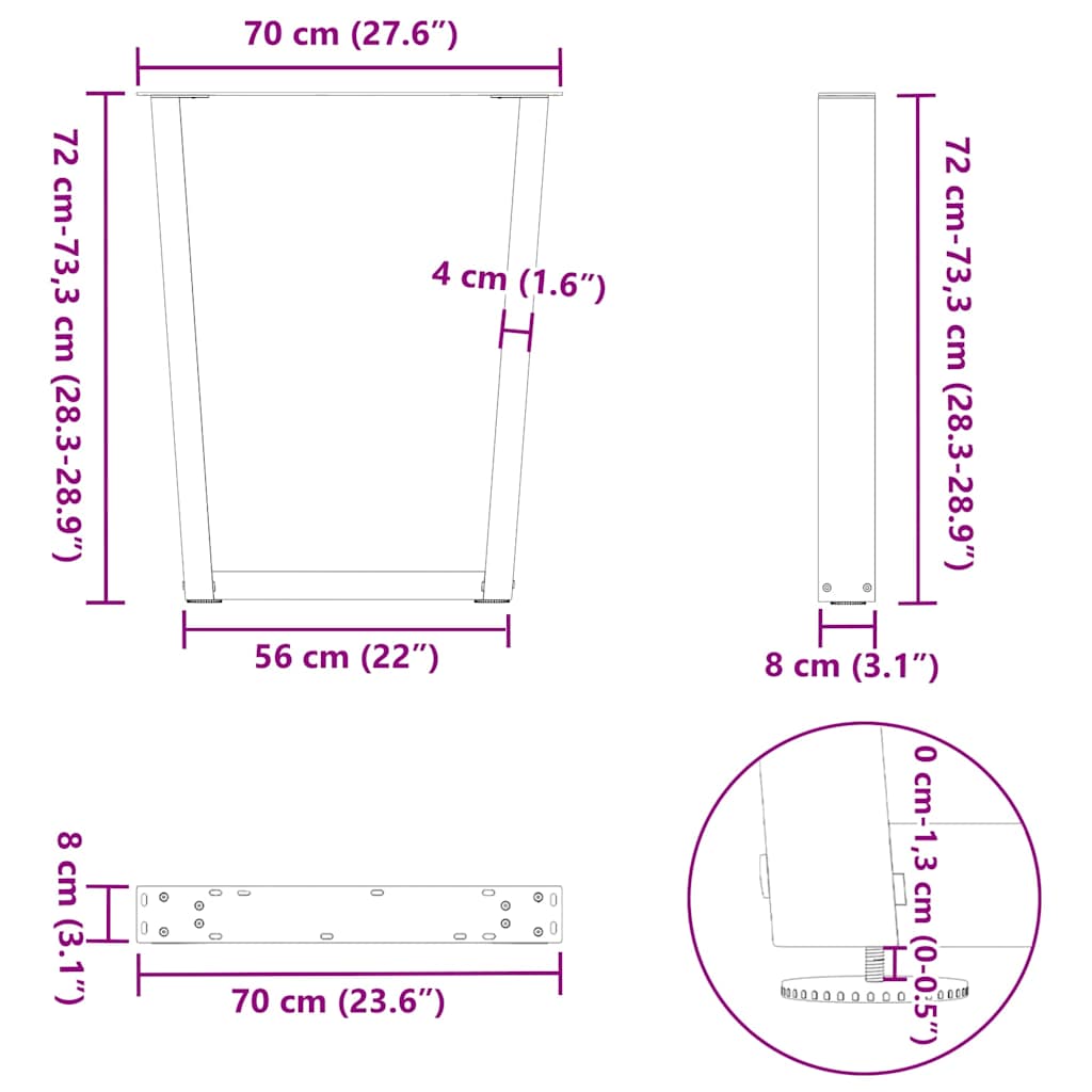 Gambe per tavolo da pranzo forma V 3 pz bianche 70x(72-73,3) cm