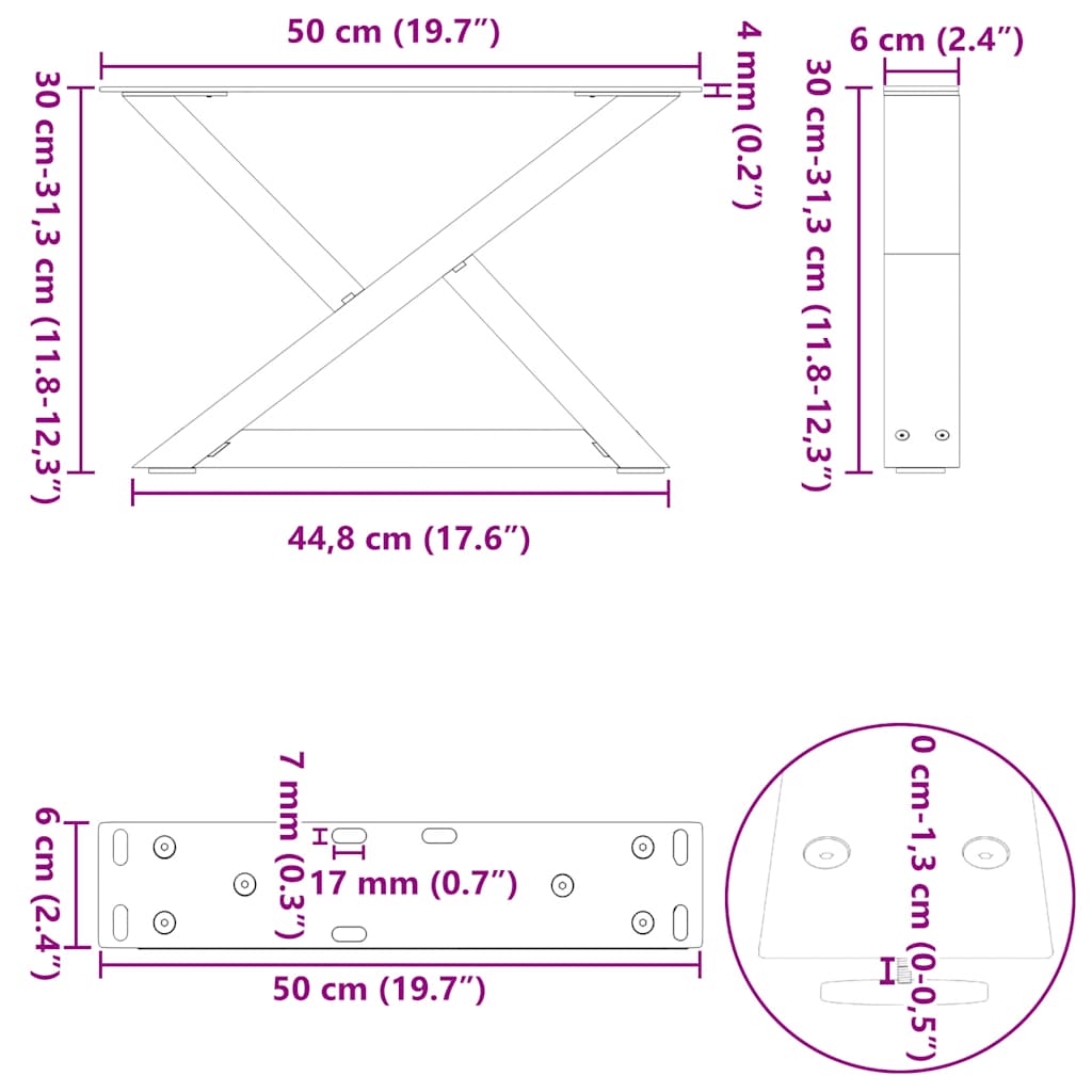Gambe per Tavolino da Caffè 2 pz Naturale 50x(30-31,3) cm