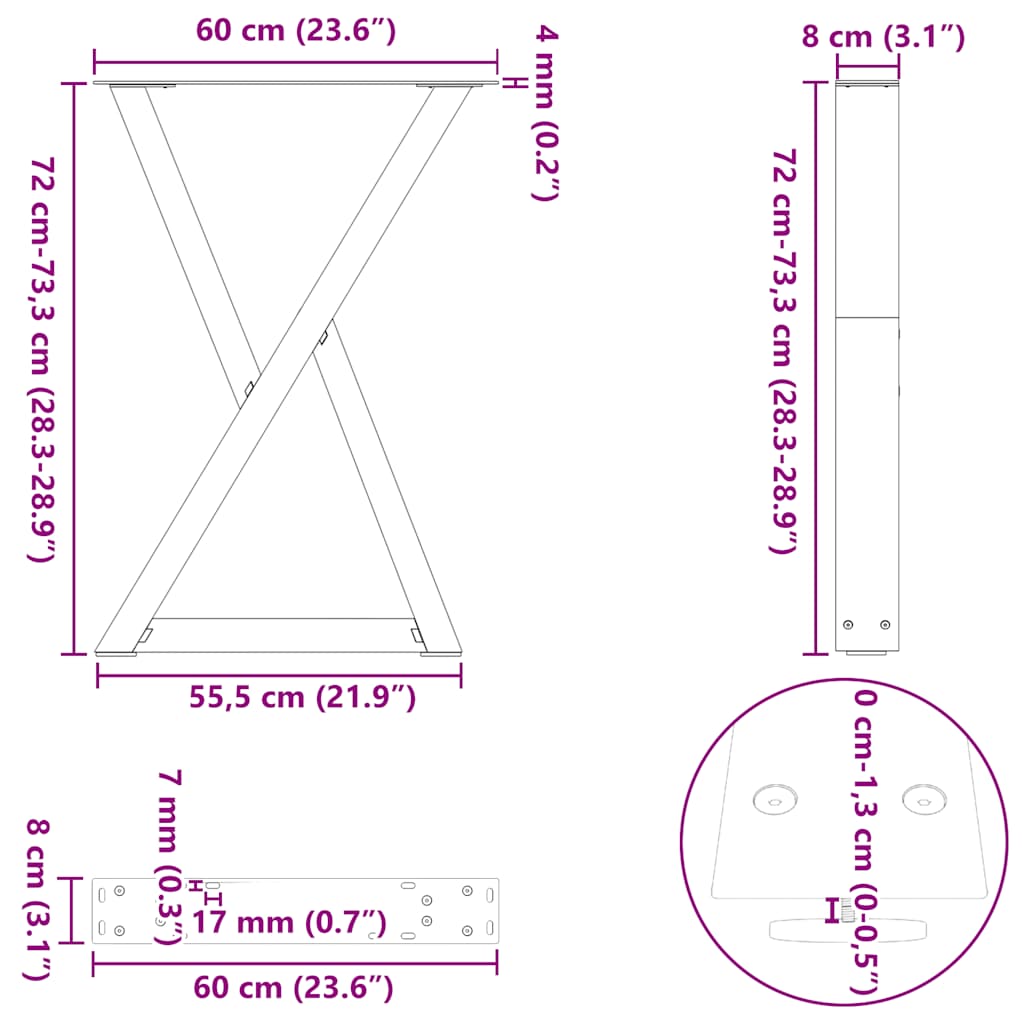 Gambe per tavolo da pranzo 2 pz nere 60x(72-73,3) cm in acciaio