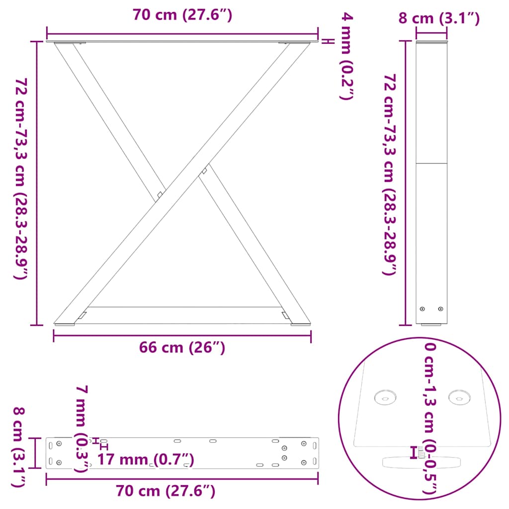 Gambe per tavolo da pranzo 2 pz nere 70x(72-73,3) cm in acciaio