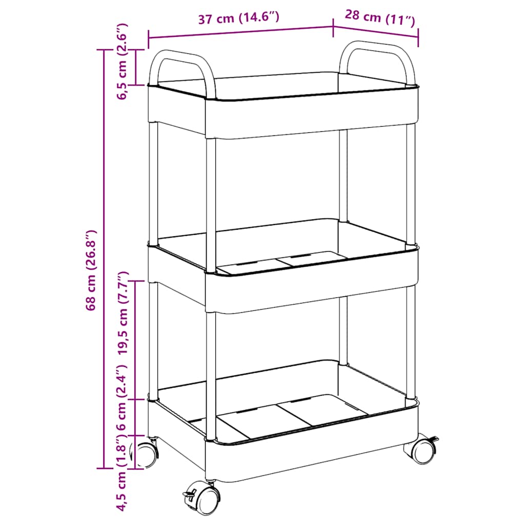 Carrello Portaoggetti a 3 Livelli 37x28x68 cm in Acrilico | homemem39