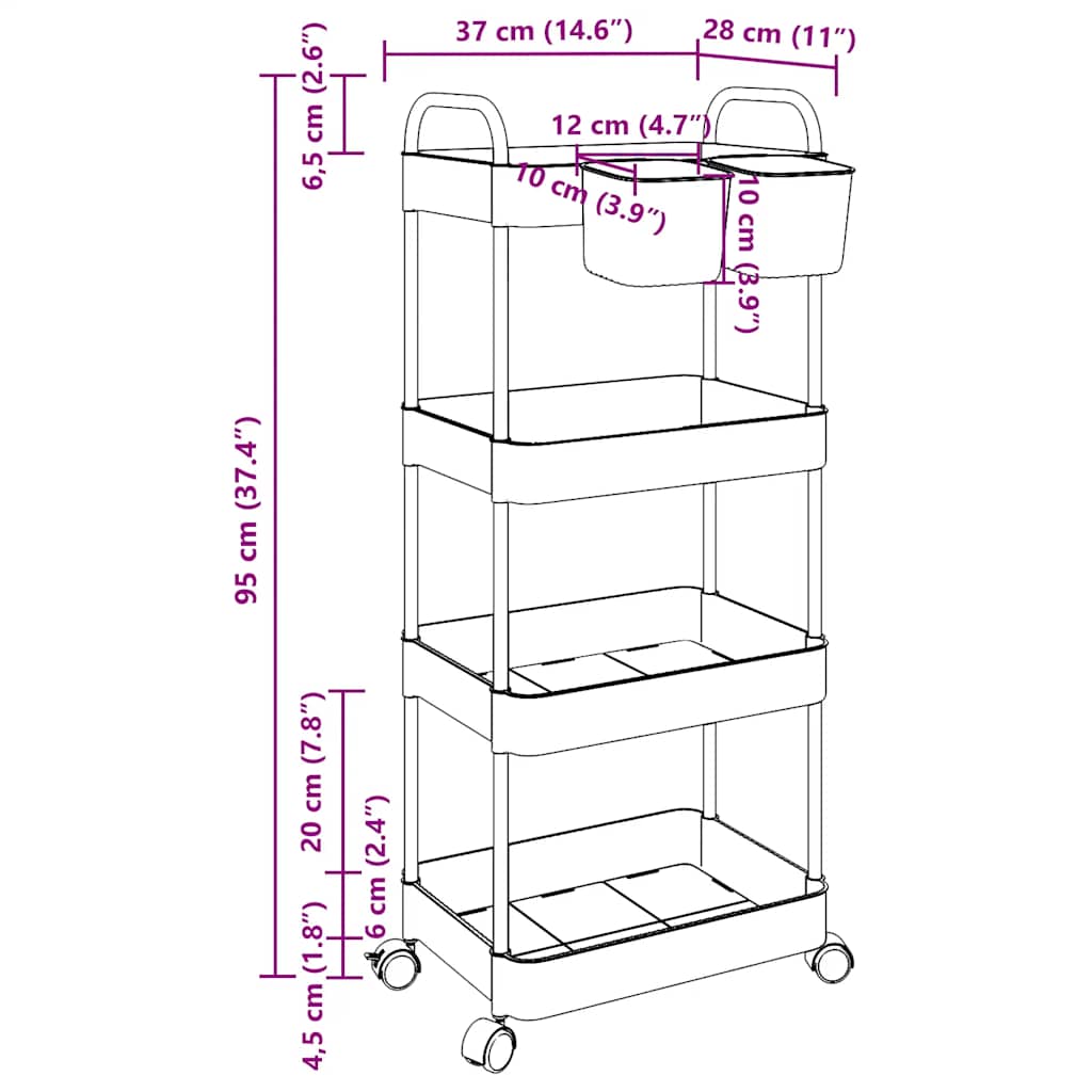 Carrello Portaoggetti a 4 Livelli 37x28x95 cm in Acrilico | homemem39