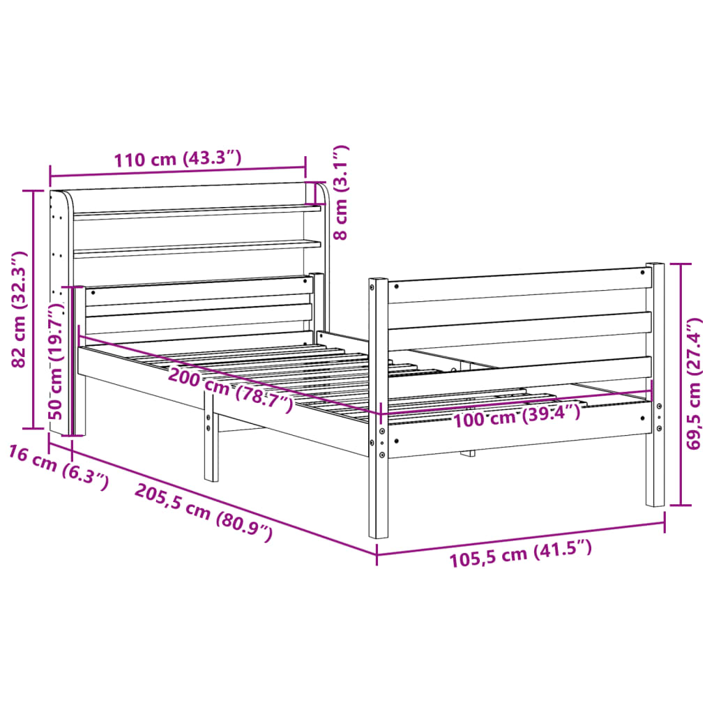 Giroletto con Testiera 100x200 cm Legno Massello di Pino | homemem39