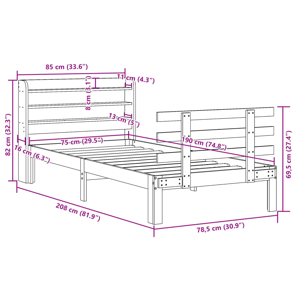 Giroletto con Testiera Marrone Cera 75x190 cm Massello Pino | homemem39