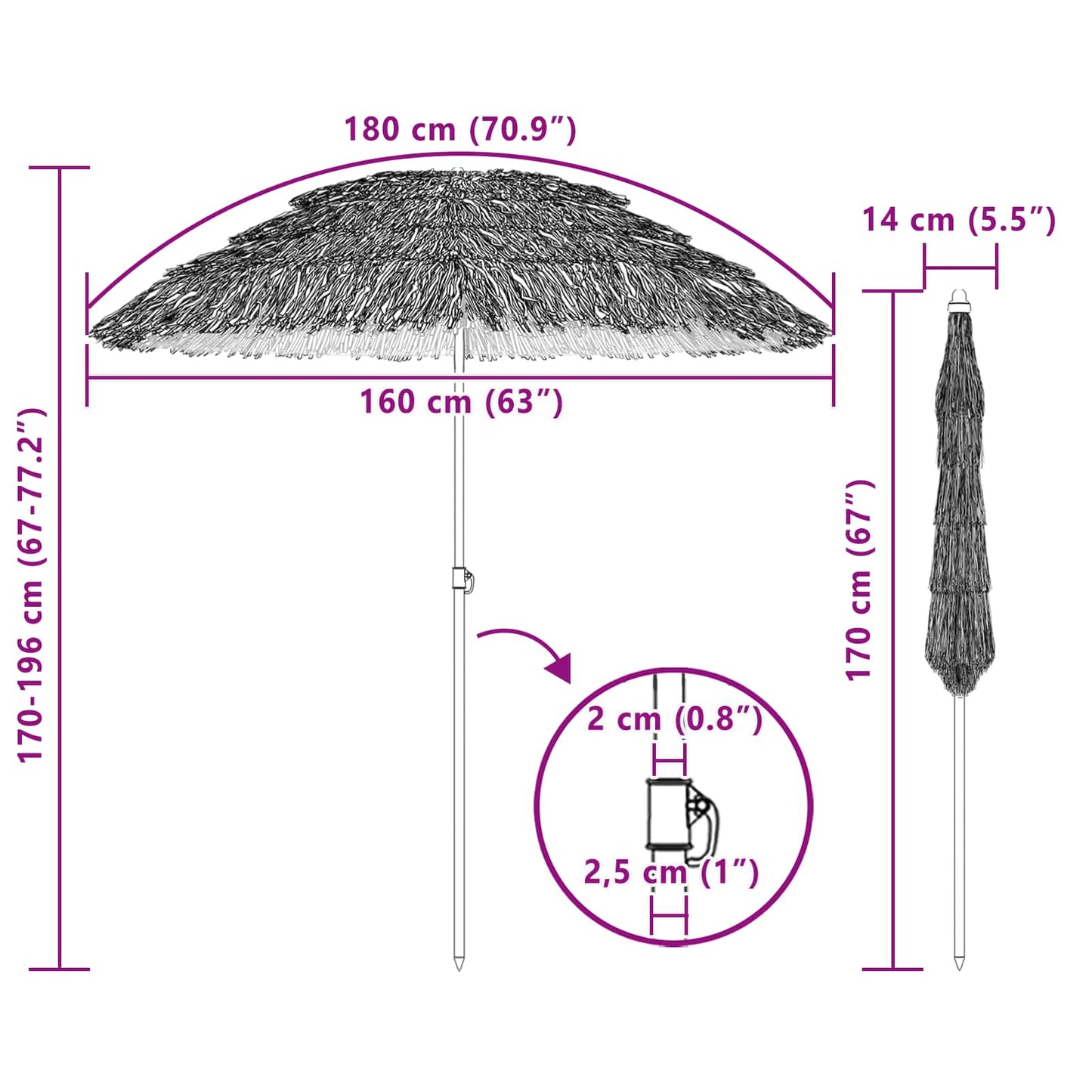 Ombrellone da Spiaggia Naturale 160 x 160 x 196 cm