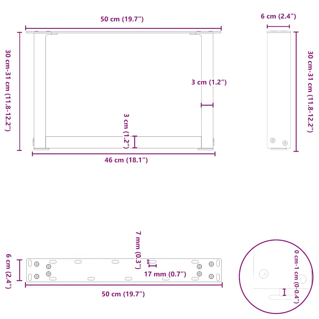Gambe per Tavolino da Caffè forma U 2 pz Naturale 50x(30-31) cm