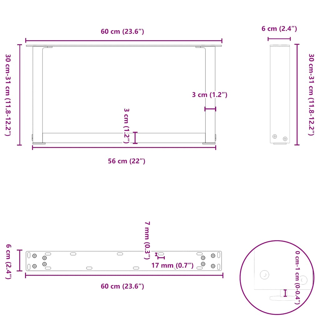 Gambe per Tavolino da Caffè forma U 2 pz Naturale 60x(30-31) cm