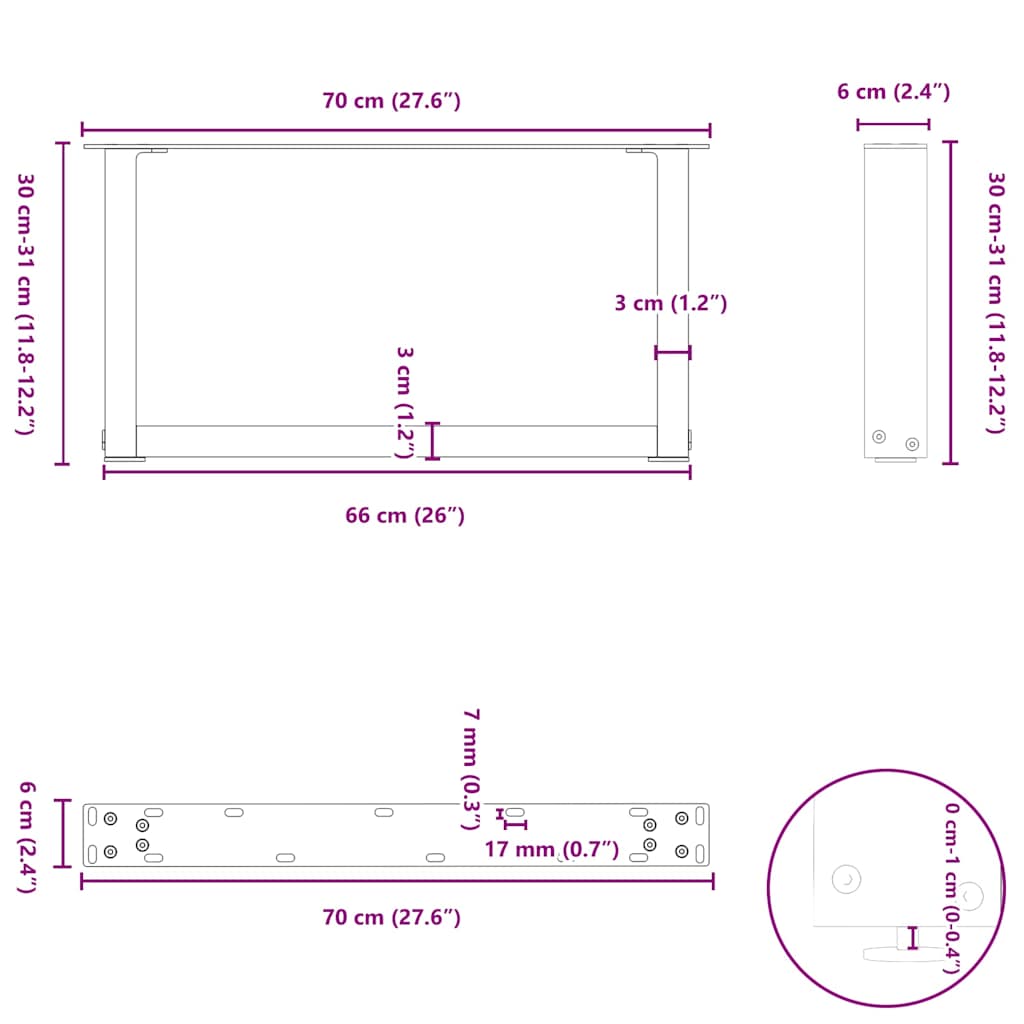 Gambe per Tavolino da Caffè a Forma di U 2 pz Bianche 70x(30-31) cm Acciaio | homemem39