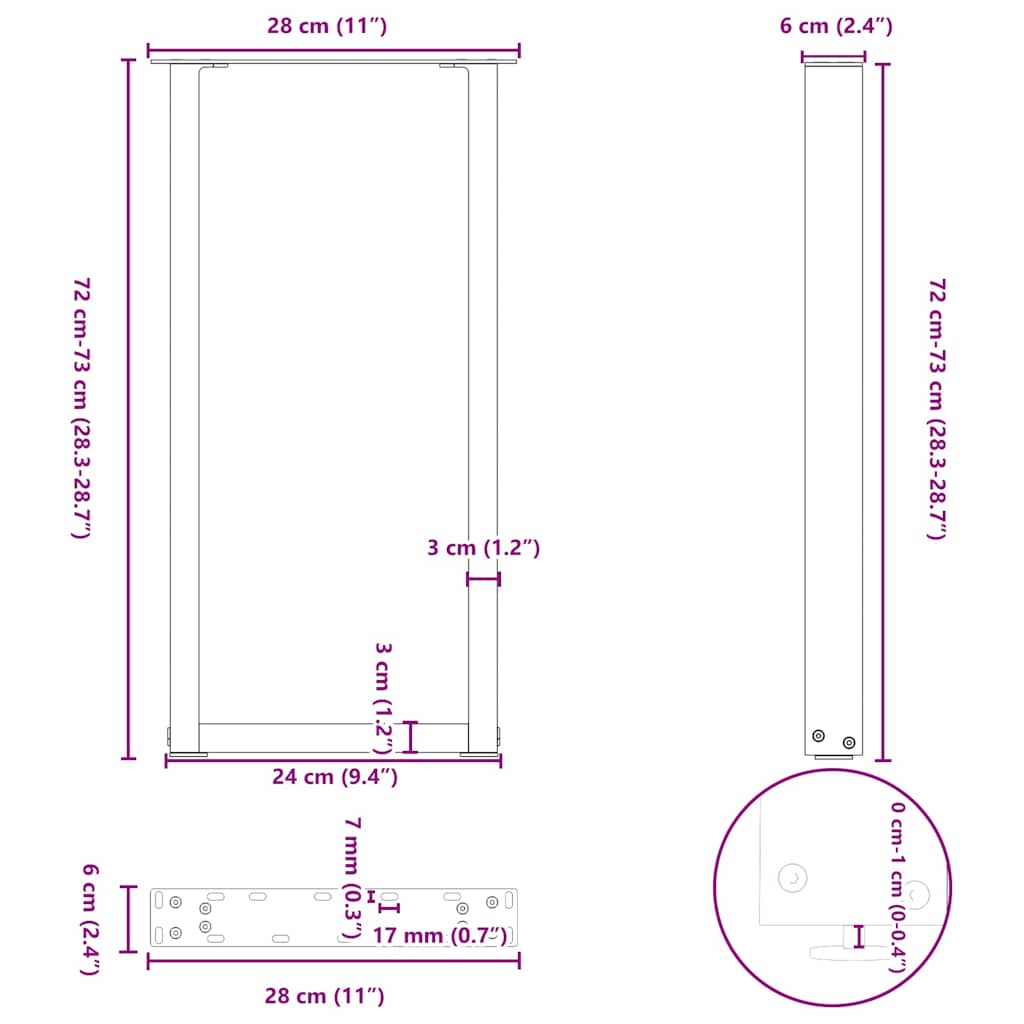 Gambe per Tavolo Consolle a Forma di U 2 pz Nere 28x(72-73) cm Acciaio | homemem39