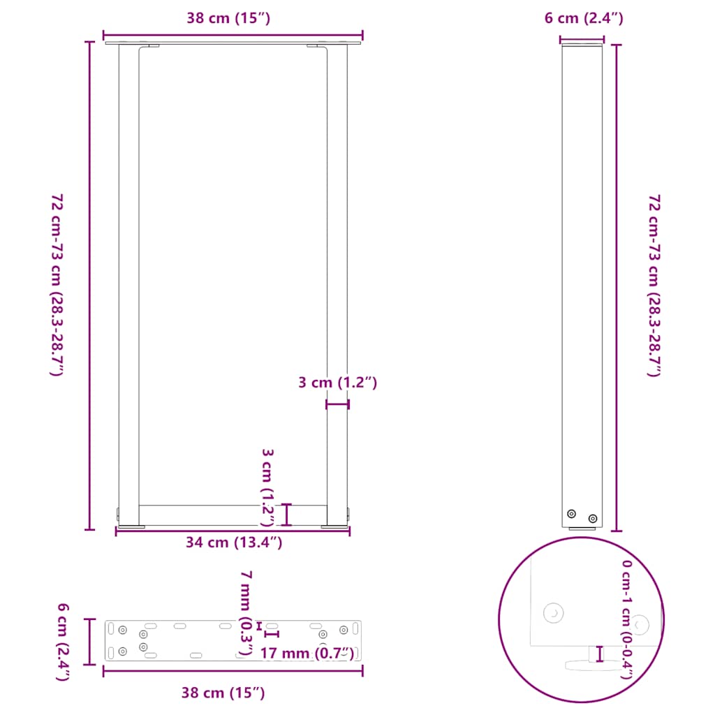 Gambe per tavolo consolle forma U 2 pz Antracite 38x(72-73) cm