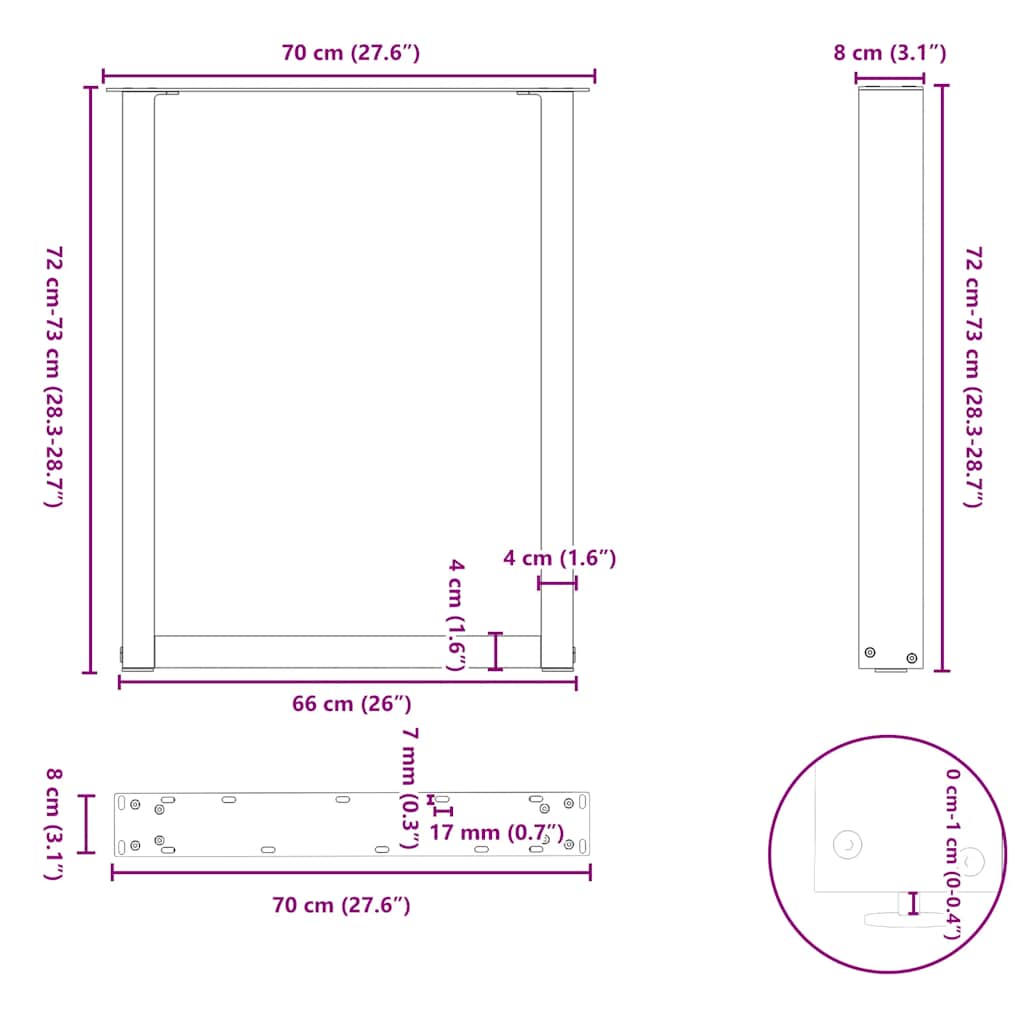 Gambe per tavolo da pranzo forma U 3 pz naturale 70x(72-73) cm