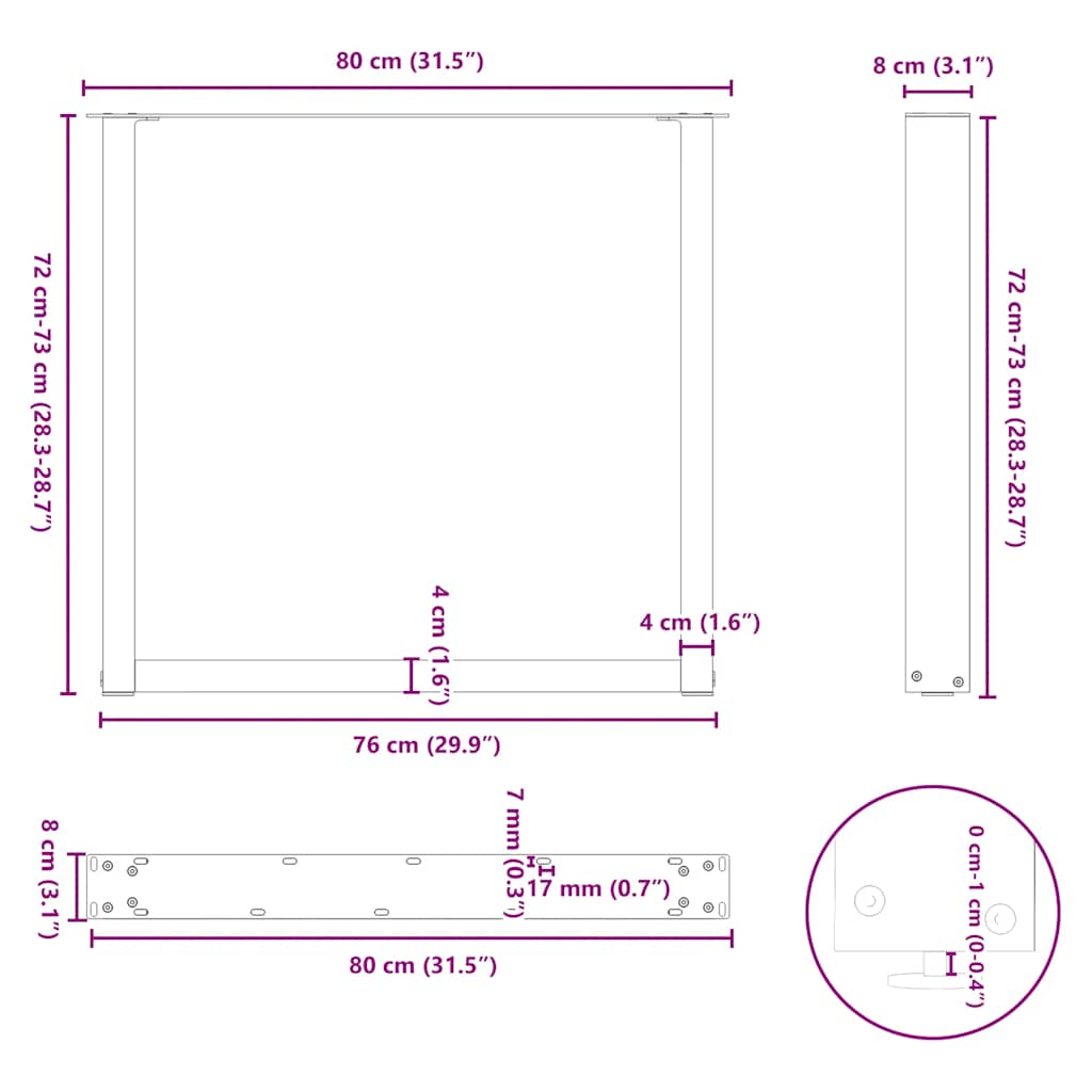 Gambe per tavolo da pranzo a forma di U 3 pz nere 80x(72-73) cm in acciaio