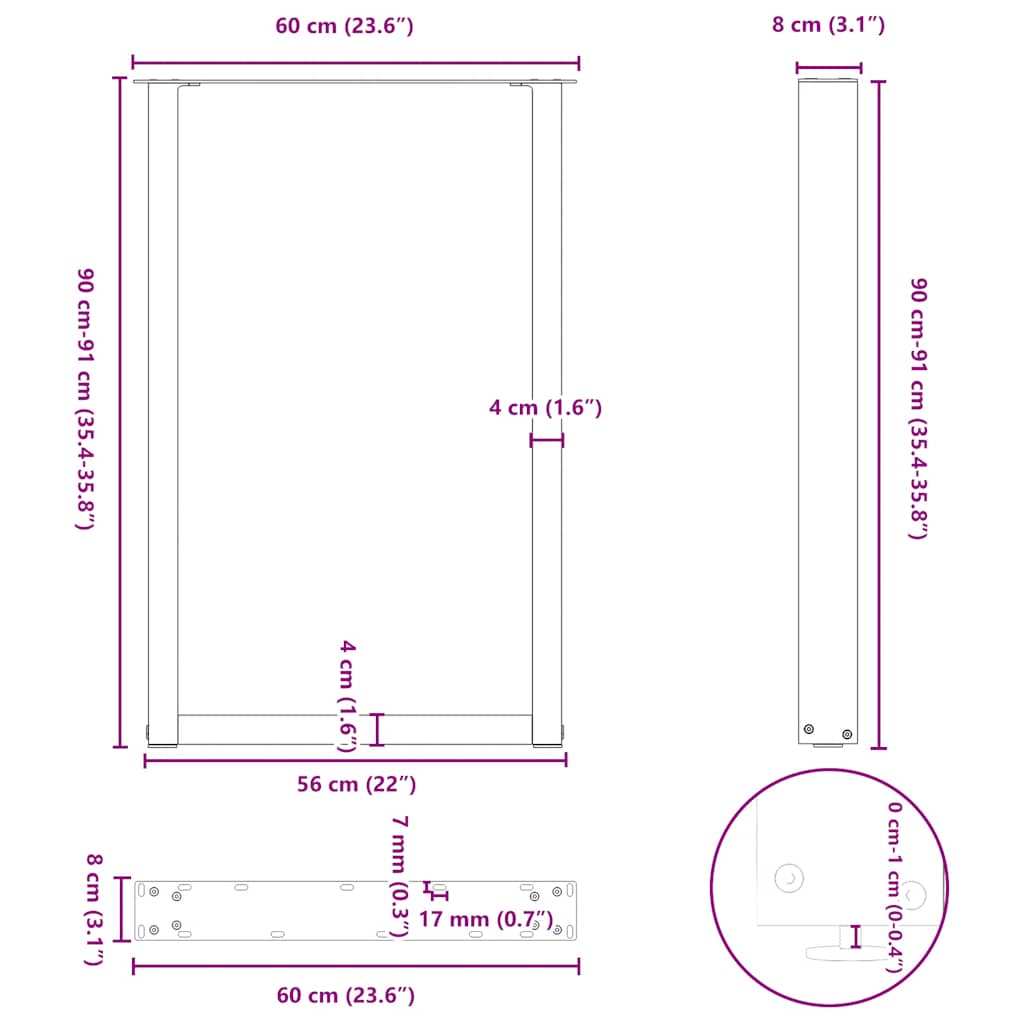 Gambe per tavolo da bar a forma di U 2 pz bianche 60x(90-91) cm