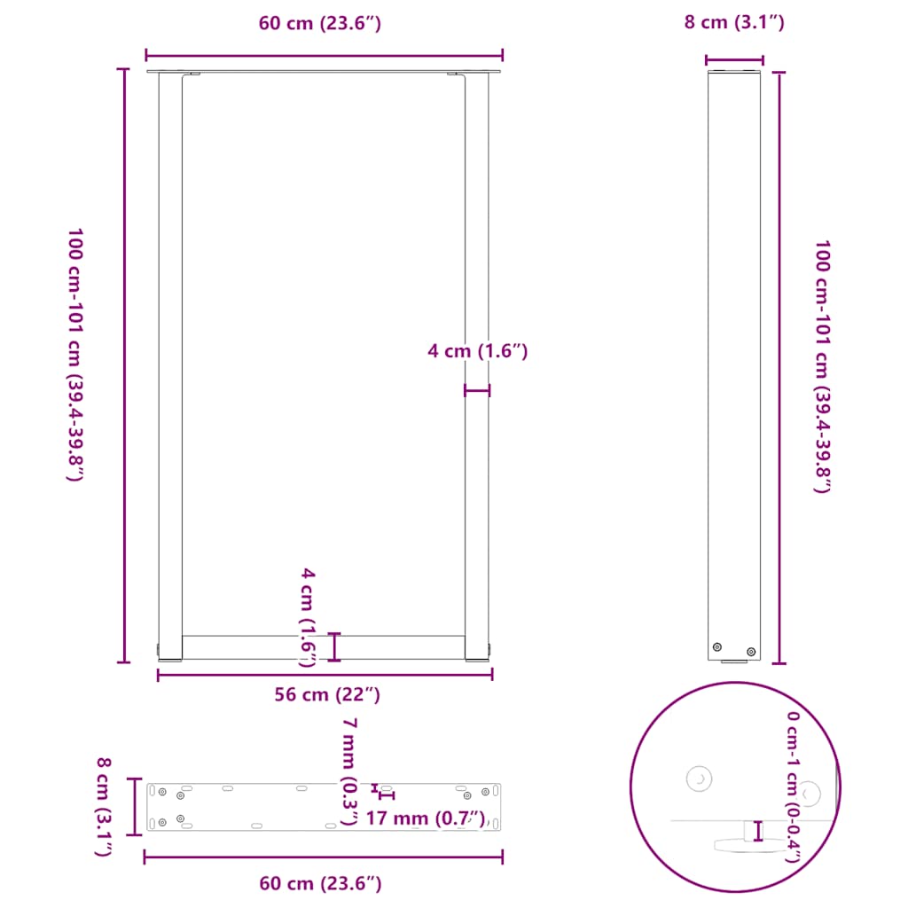 Gambe per tavolo da bar a forma di U 2 pz nere 60x(100-101) cm in acciaio | homemem39