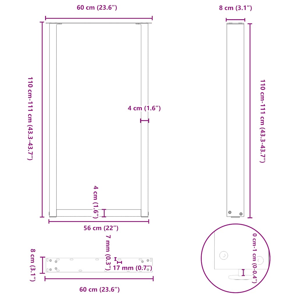 Gambe per tavolo da bar forma U 2 pz bianche 60x(110-111) cm