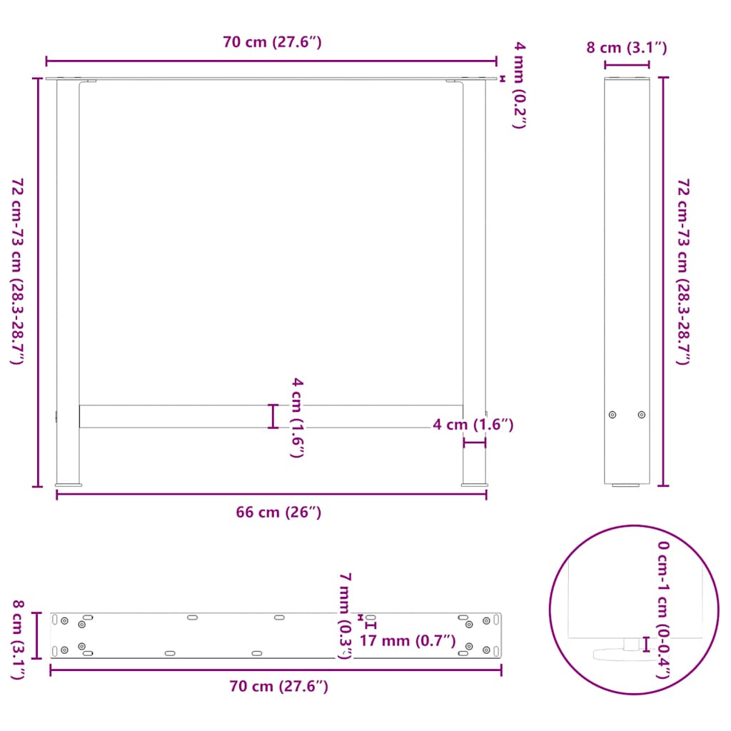 Gambe per tavolo da pranzo antracite 2 pz 70x(72-73) cm in acciaio | homemem39