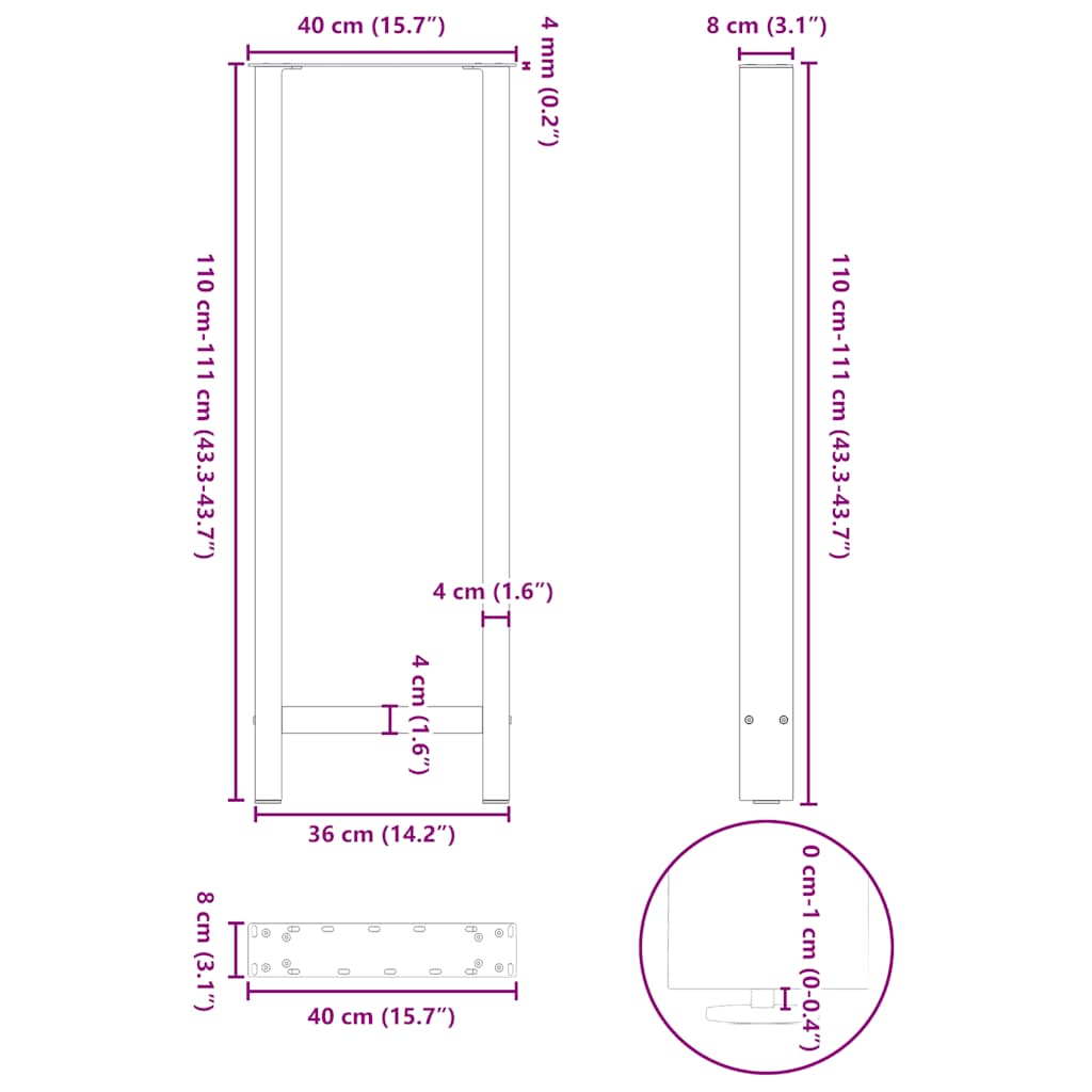 Gambe per tavolo da bar antracite 2 pz 40x(110-111) cm in acciaio