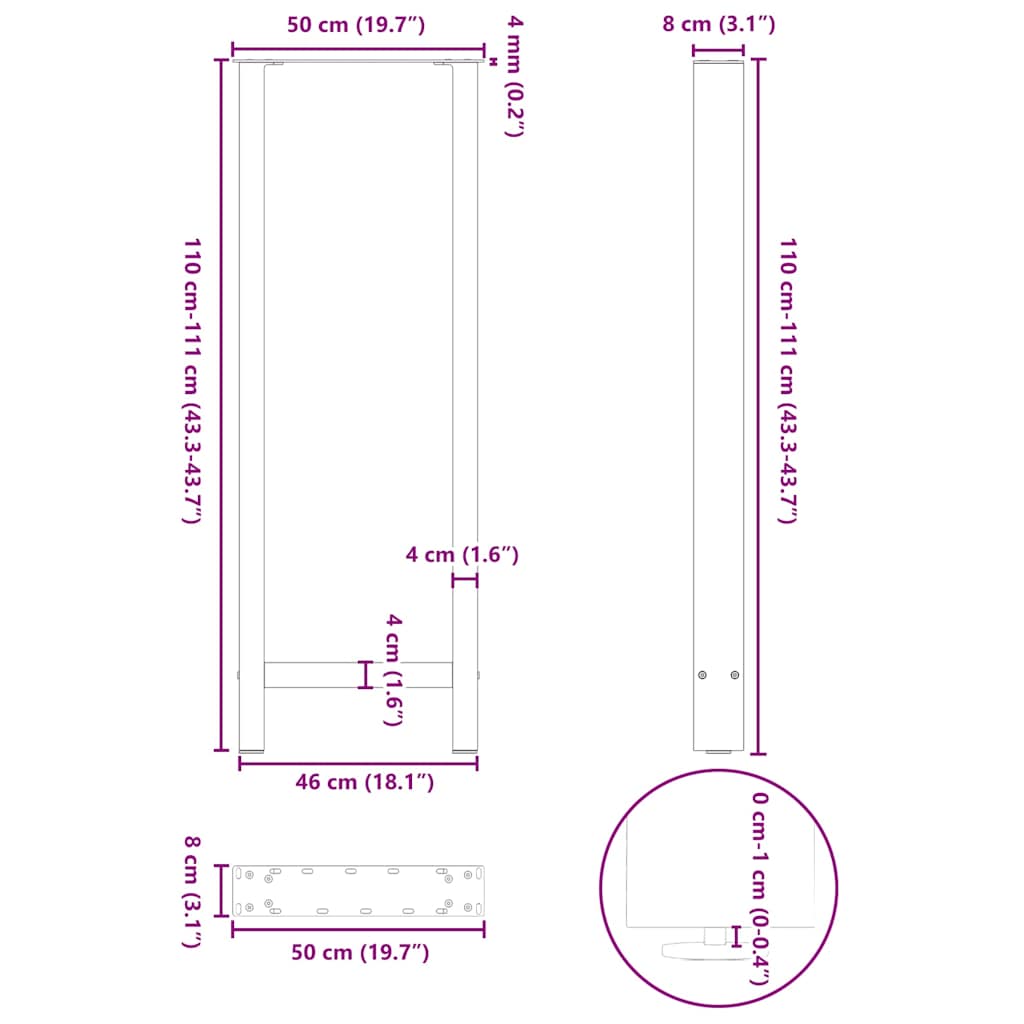 Gambe per tavolo da bar in acciaio naturale 2 pz 50x(110-111) cm in acciaio | homemem39
