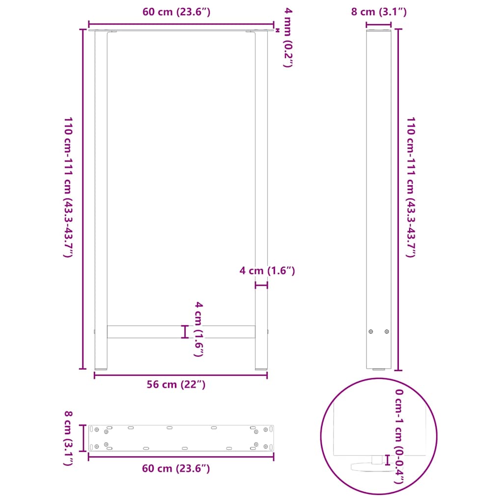 Gambe per tavolo da bar in acciaio naturale 2 pz 60x(110-111) cm in acciaio | homemem39