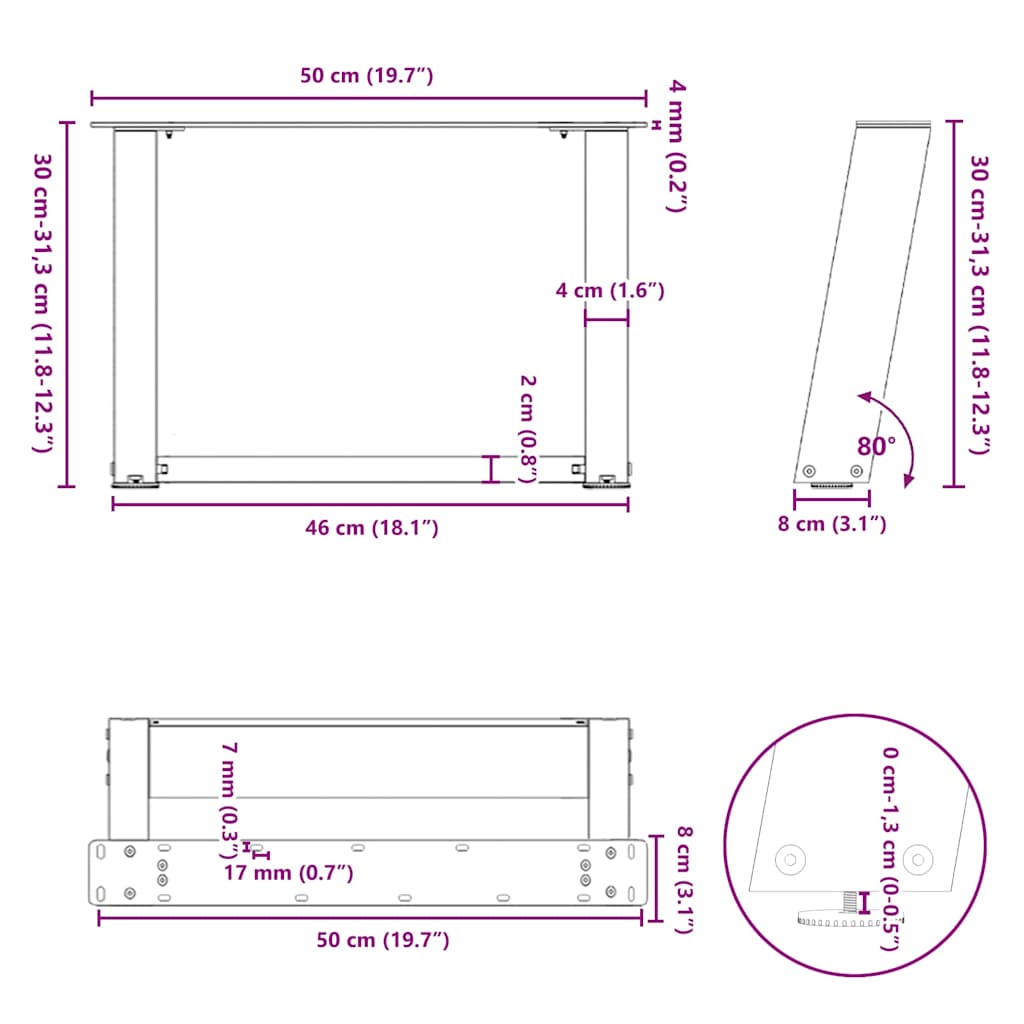 Gambe per Tavolino da Caffè a Forma di U 2 pz Nere 50x(30-31)cm