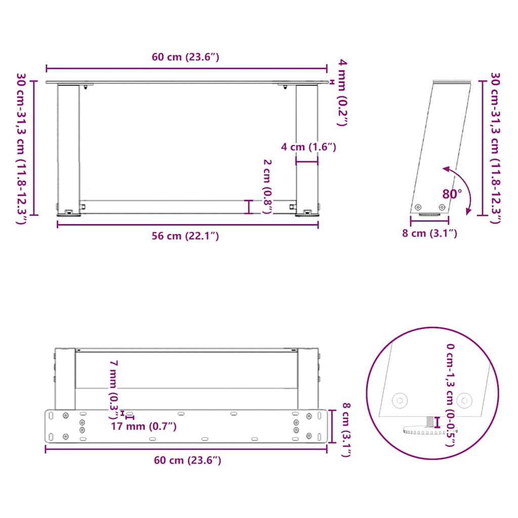 Gambe per Tavolino da Caffè a Forma di U 2 pz Nere 60x(30-31)cm