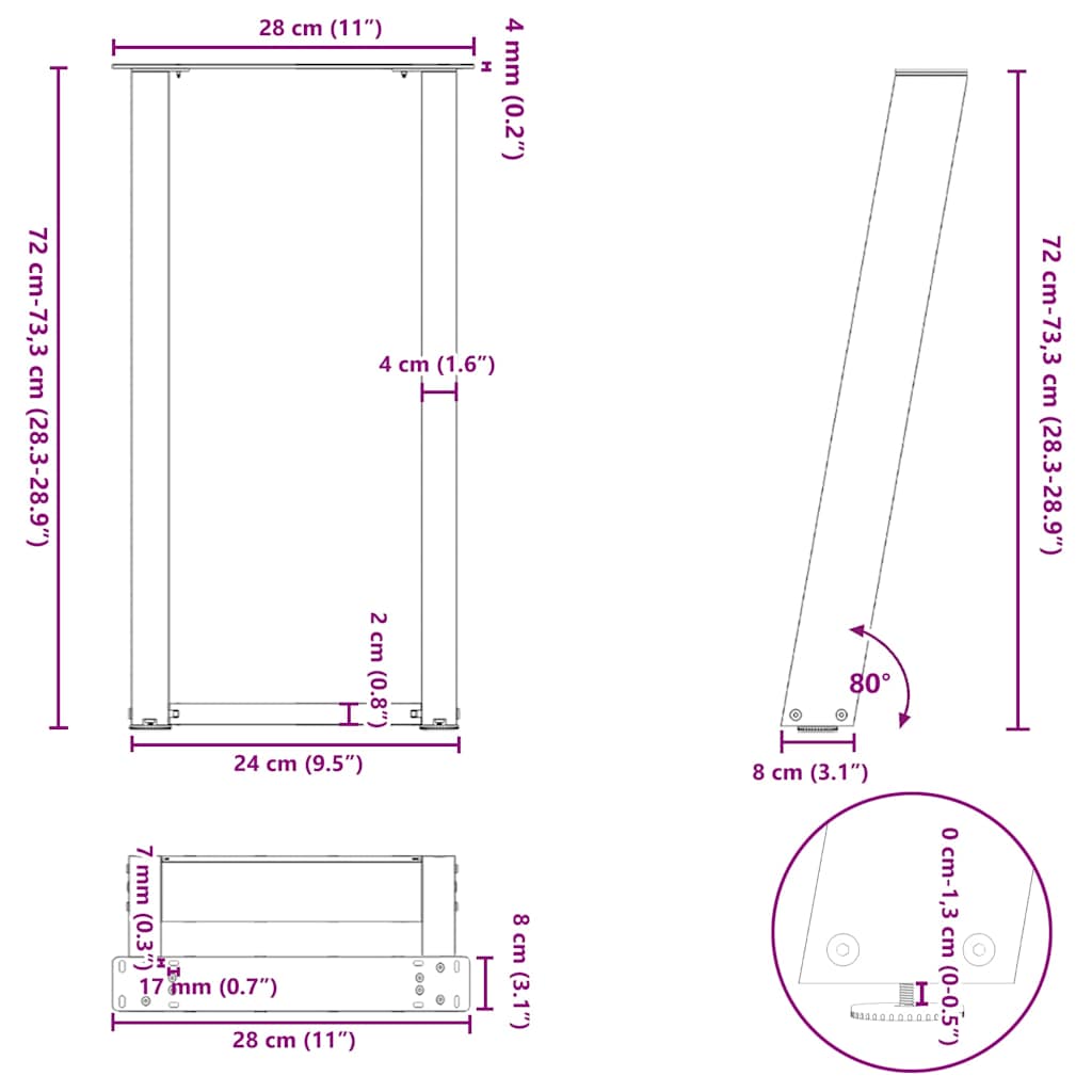 Gambe per tavolo consolle a forma di U 2 pz Antracite 28x(72-73) cm Acciaio | homemem39