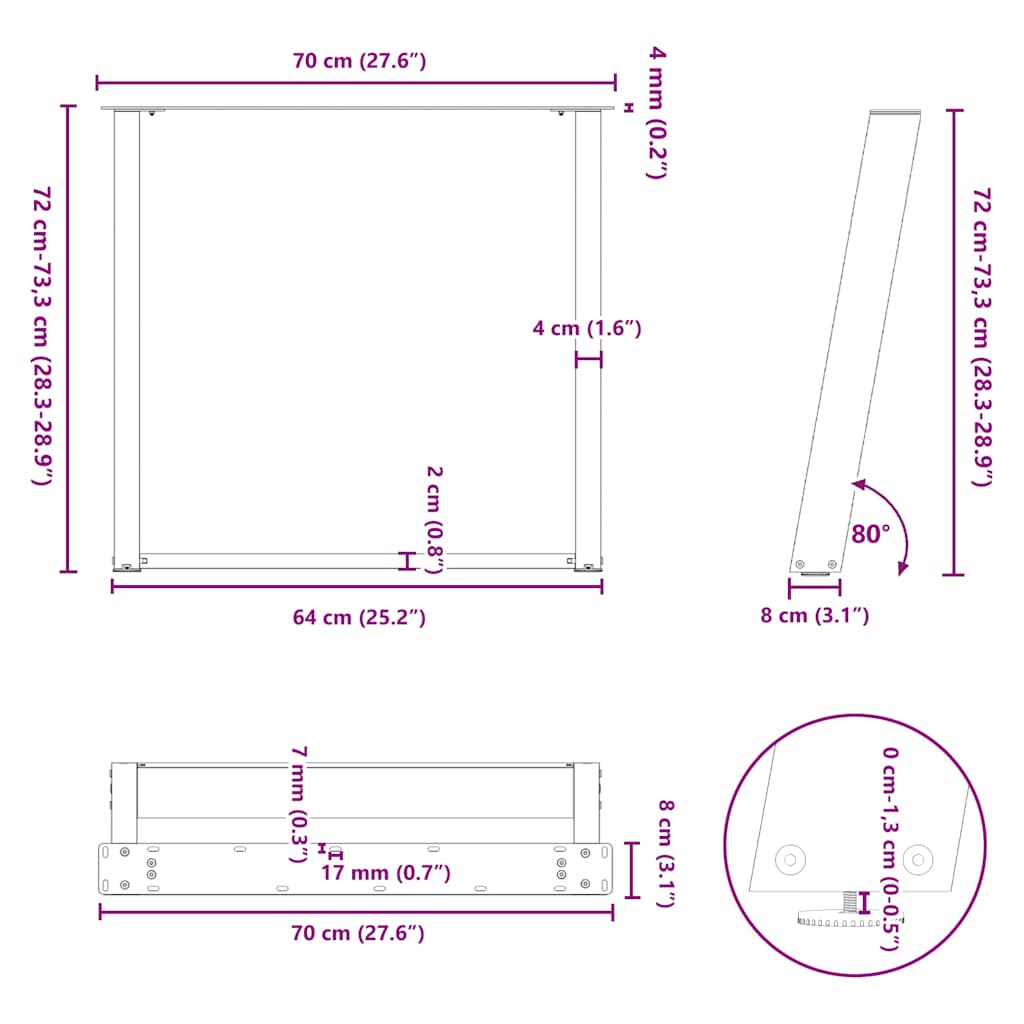 Gambe per tavolo da pranzo forma U 2 pz naturale 70x(72-73) cm