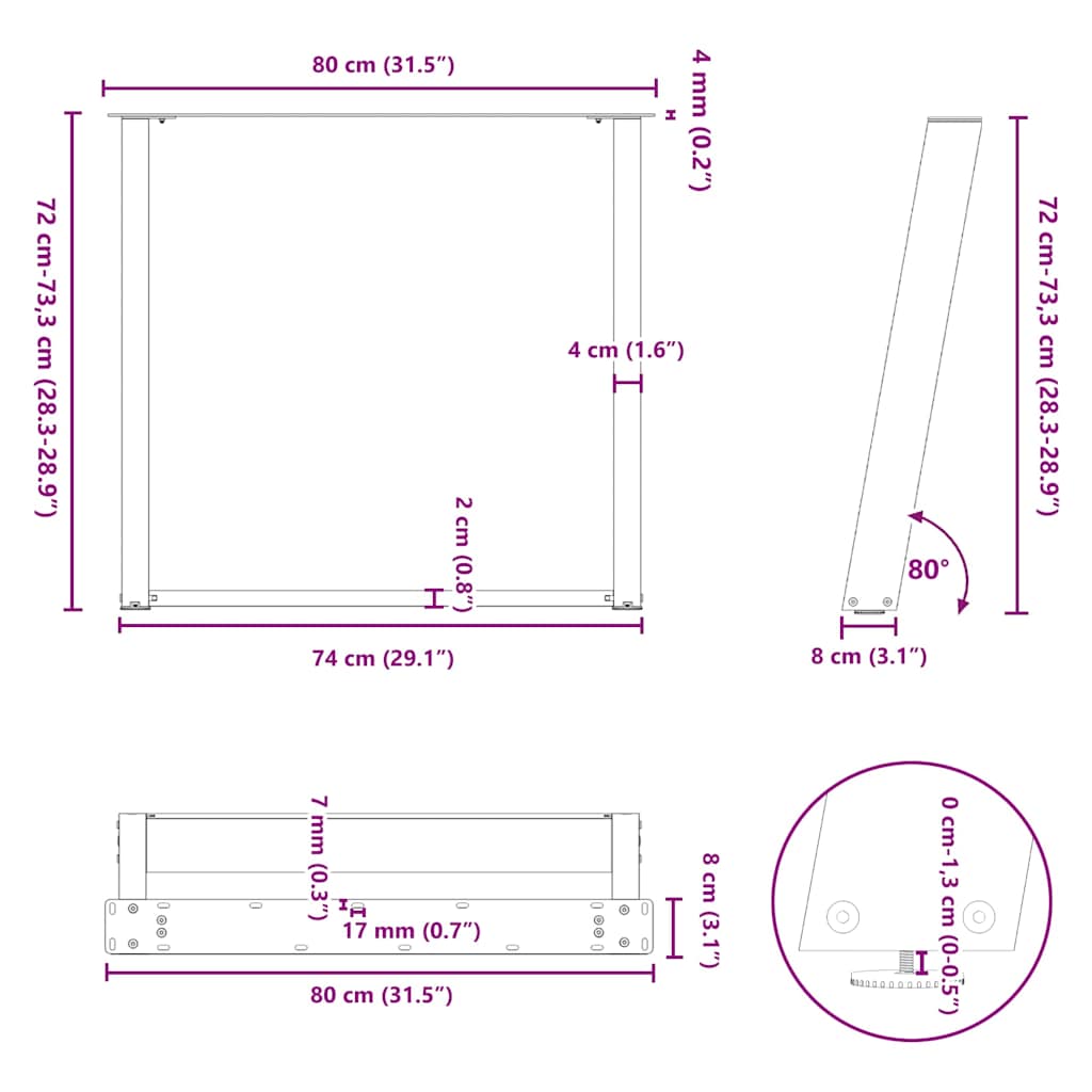 Gambe per tavolo da pranzo a forma di U 2 pz bianche 80x(72-73) cm in acciaio | homemem39