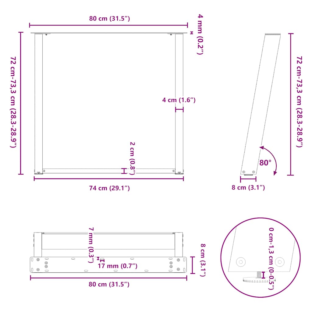 Gambe per tavolo da pranzo forma U 2 pz naturale 80x(72-73) cm