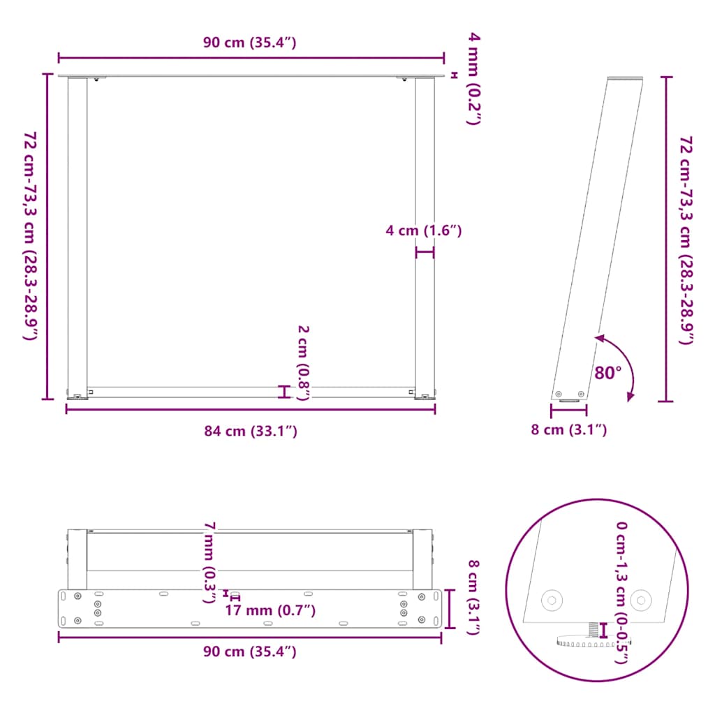 Gambe per tavolo da pranzo forma U 2 pz naturale 90x(72-73) cm