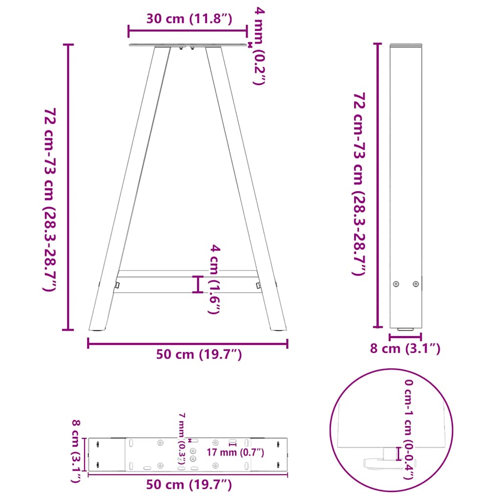 Gambe per tavolo da pranzo forma A 2 pz bianche 50x(72-73) cm