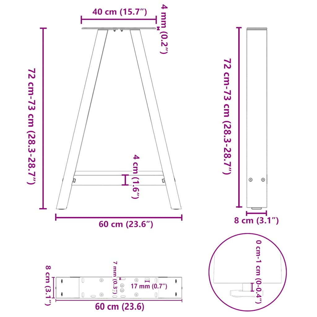 Gambe per tavolo da pranzo a forma di A 2 pz 60x(72-73) cm in acciaio - homemem39