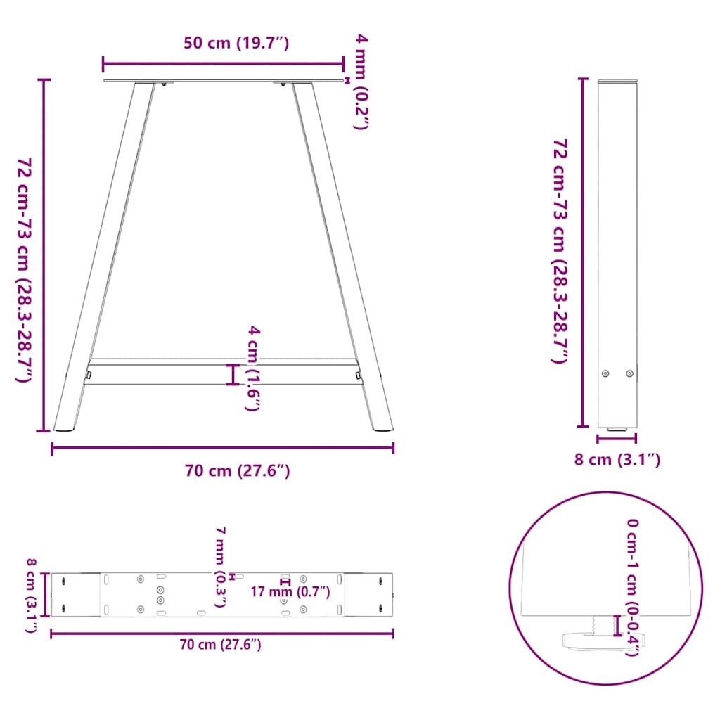 Gambe per tavolo da pranzo forma A 2 pz Antracite 70x(72-73) cm